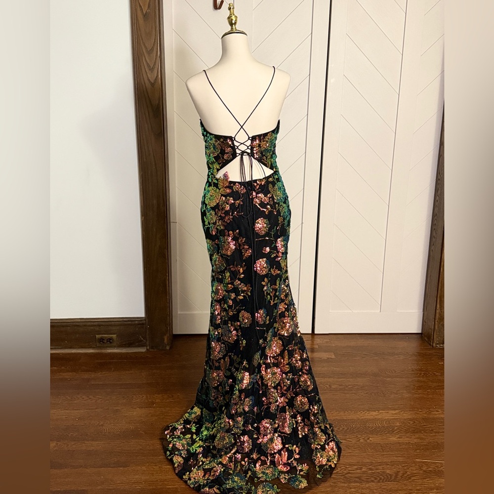 Black Floral Iridescent Sequin Mermaid Gown Lace Up Back Chiffon Prom Formal Sz8 - Picture 5 of 5